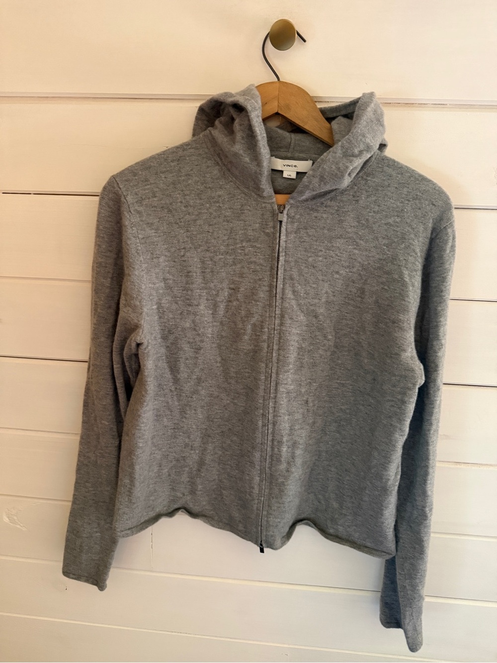 VINCE. Wool & Cashmere Full Zip Knit Hoodie Sweater Sz LARGE Heather Gray Cozy